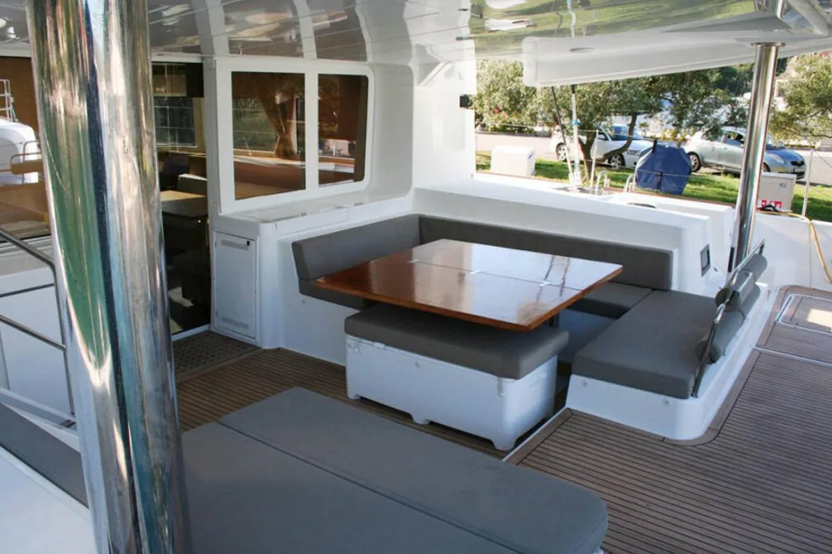 Deck of Matarma, a Lagoon 52F catamaran at Lavrion, Greece