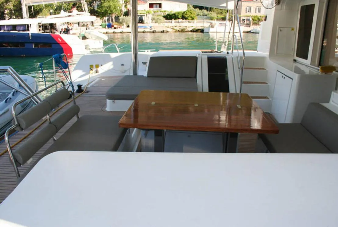 Deck of Matarma, a Lagoon 52F catamaran at Lavrion, Greece