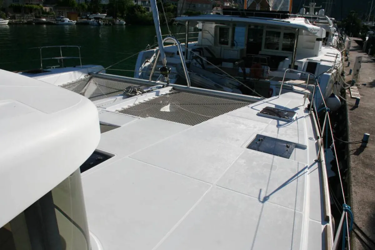 Deck of Matarma, a Lagoon 52F catamaran at Lavrion, Greece