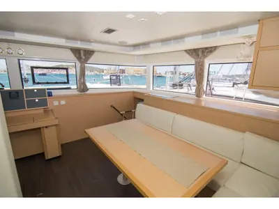 Salon of Matarma, a Lagoon 52F catamaran at Lavrion, Greece