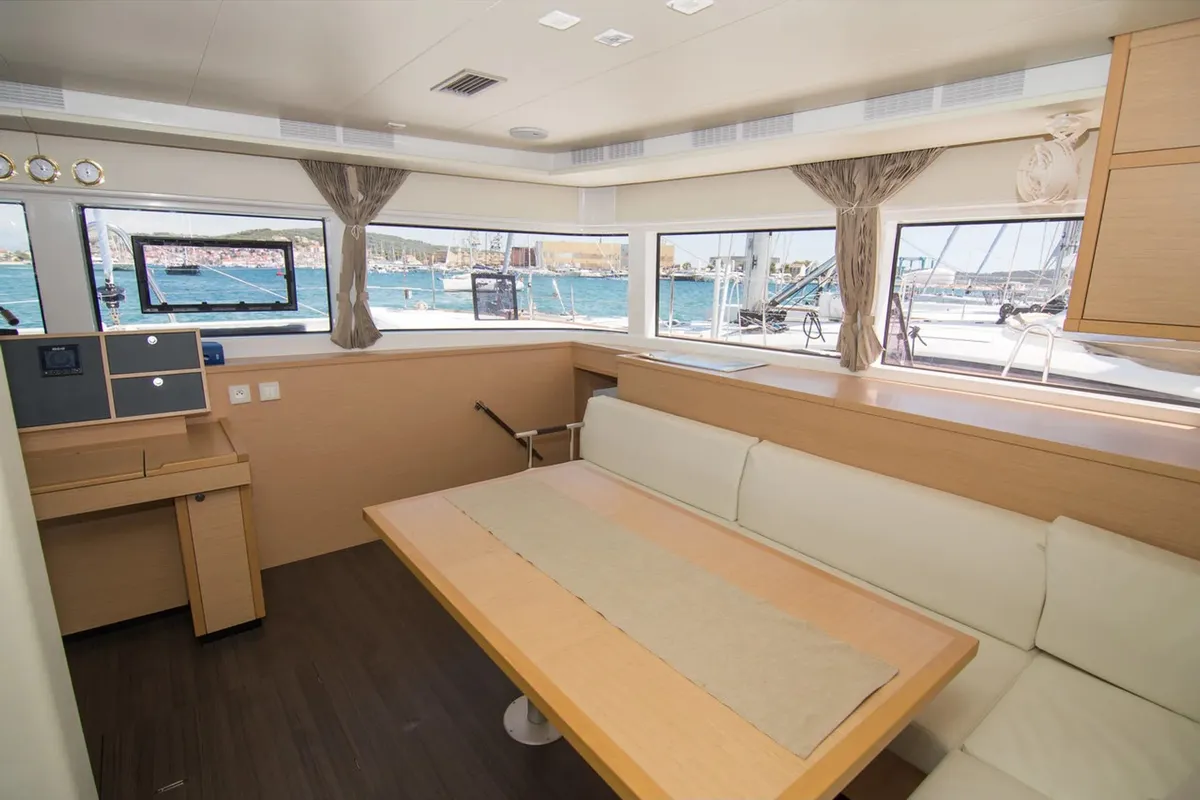 Salon of Matarma, a Lagoon 52F catamaran at Lavrion, Greece