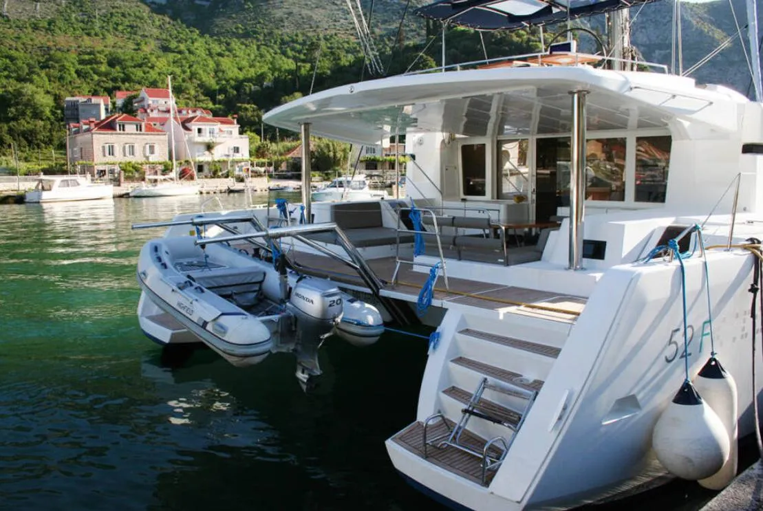 Exterior view of Matarma, a Lagoon 52F catamaran at Lavrion, Greece