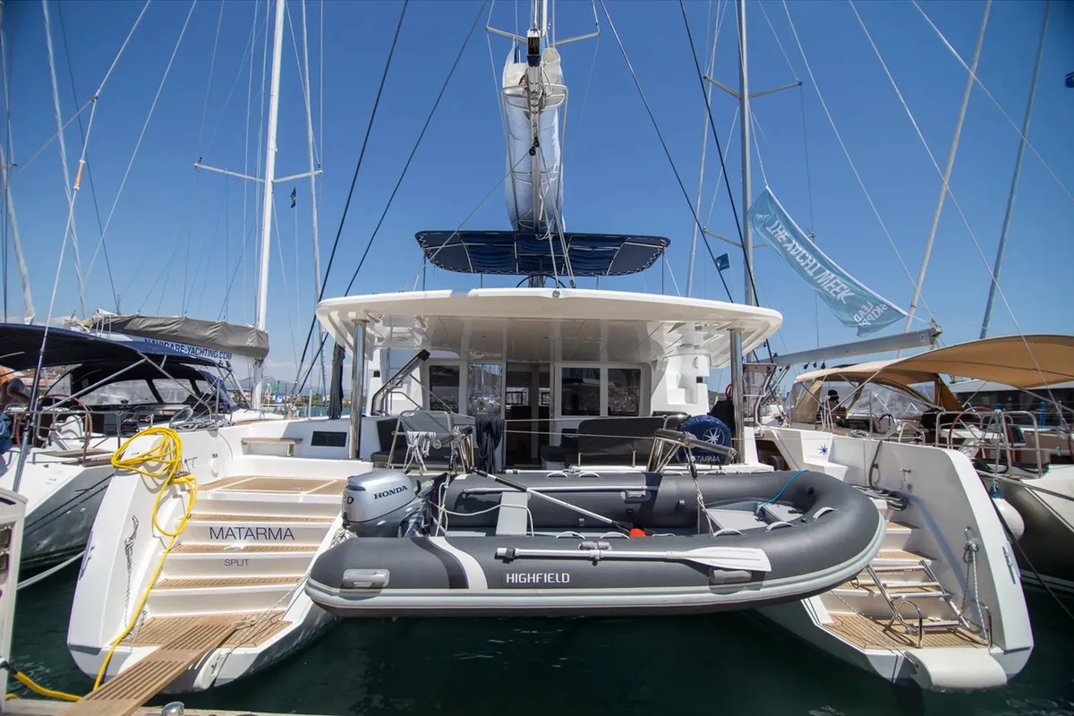 Exterior view of Matarma, a Lagoon 52F catamaran at Lavrion, Greece