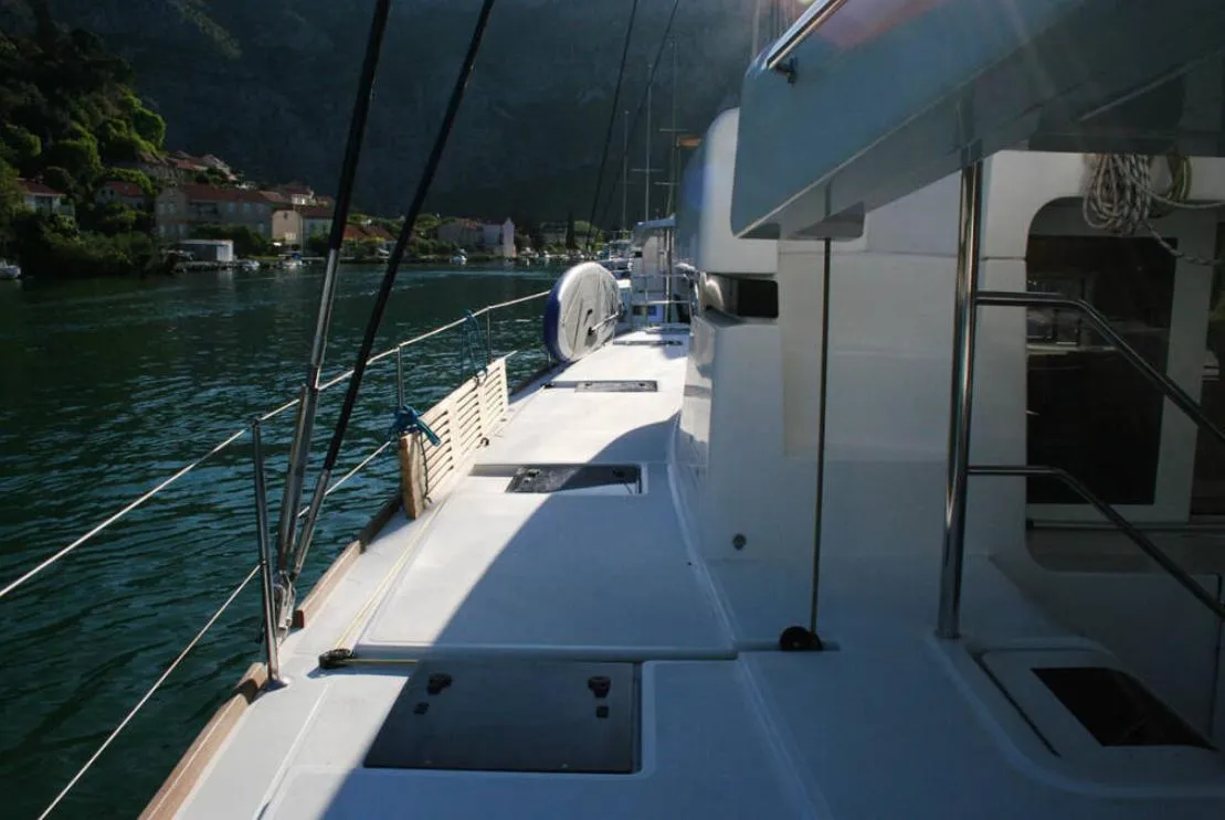 Deck of Matarma, a Lagoon 52F catamaran at Lavrion, Greece