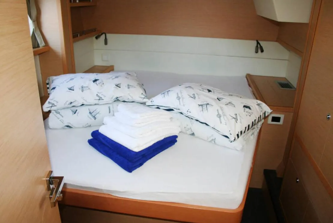 Cabin on Matarma, a Lagoon 52F catamaran at Lavrion, Greece