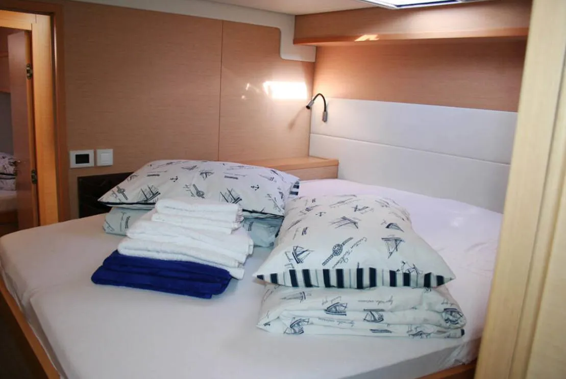 Cabin on Matarma, a Lagoon 52F catamaran at Lavrion, Greece