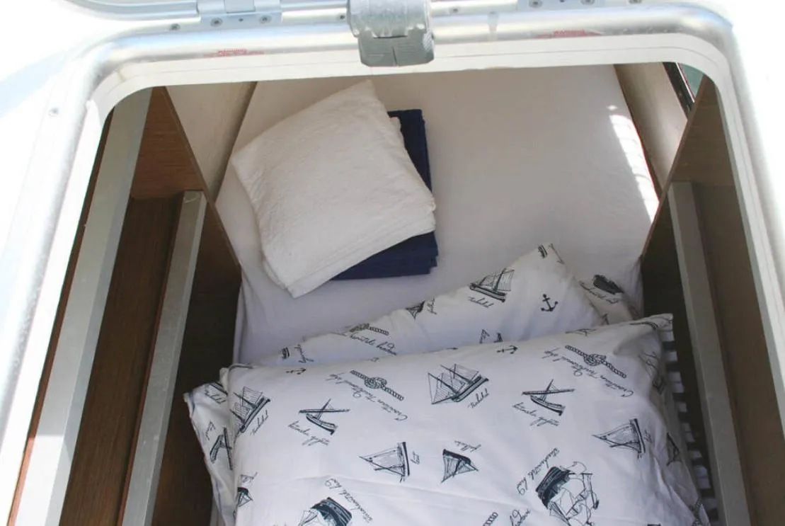 Cabin on Matarma, a Lagoon 52F catamaran at Lavrion, Greece