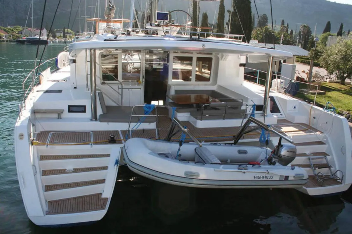 Exterior view of Matarma, a Lagoon 52F catamaran at Lavrion, Greece