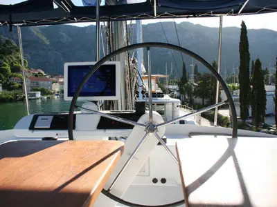 Cockpit of Matarma, a Lagoon 52F catamaran at Lavrion, Greece