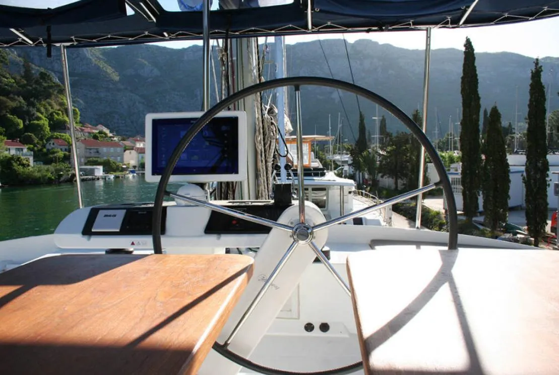 Cockpit of Matarma, a Lagoon 52F catamaran at Lavrion, Greece