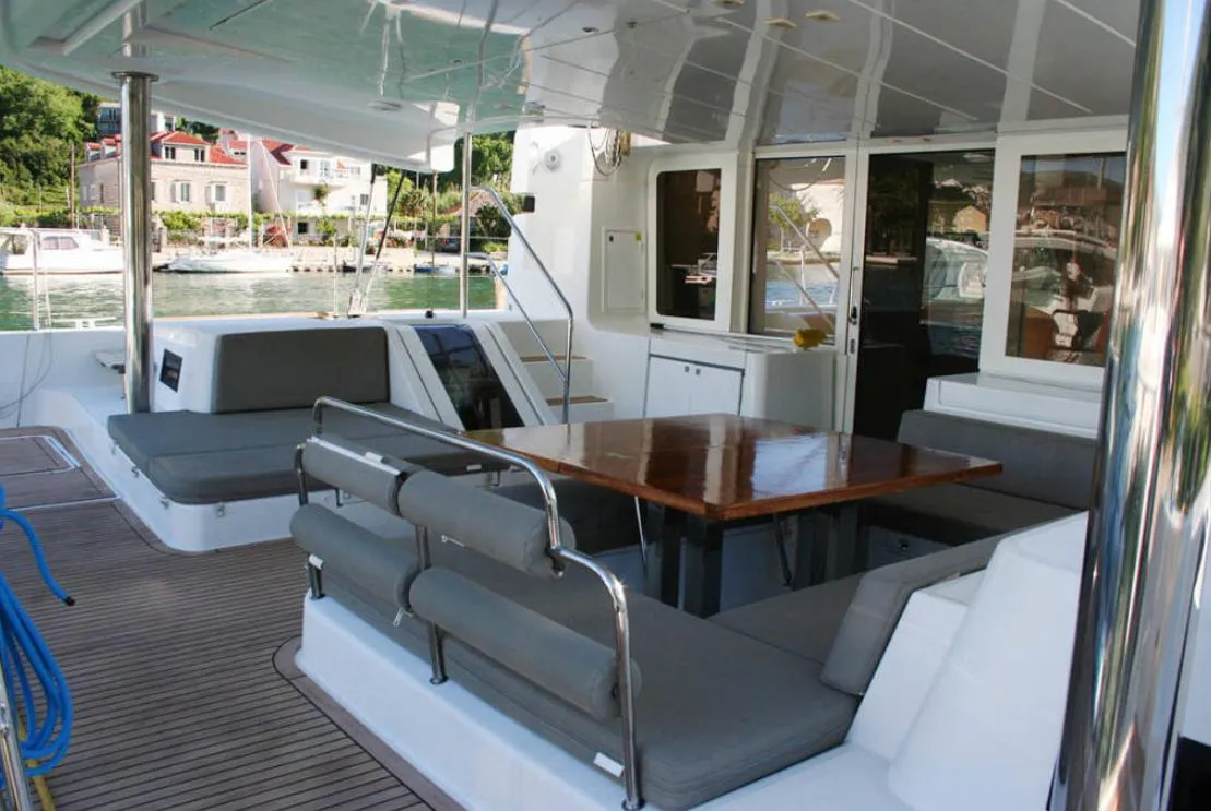Deck of Matarma, a Lagoon 52F catamaran at Lavrion, Greece