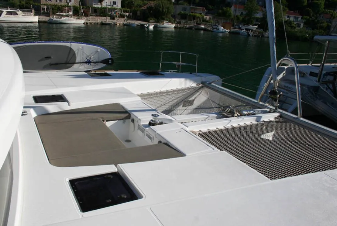 Deck of Matarma, a Lagoon 52F catamaran at Lavrion, Greece