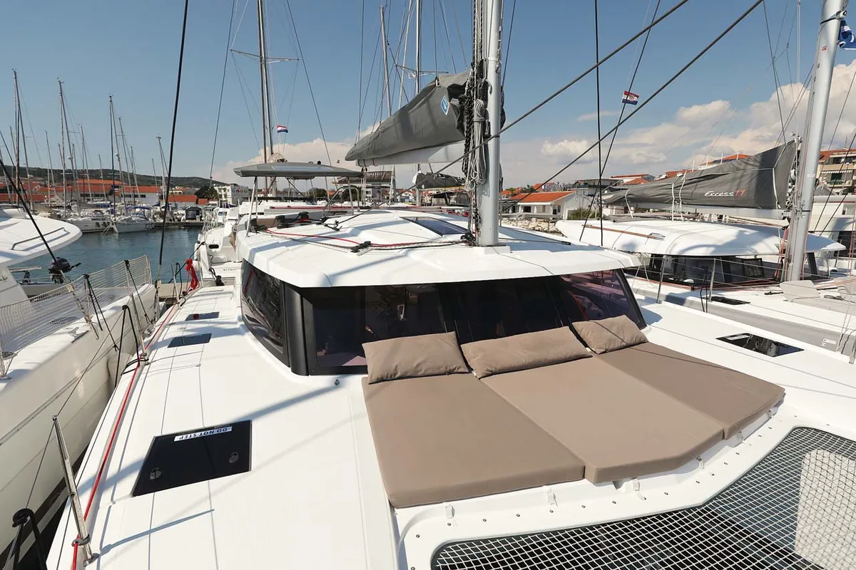 Deck of Canopus, a Fountaine Pajot Lucia 40 catamaran at Murter, Croatia