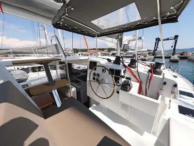 Cockpit of Canopus, a Fountaine Pajot Lucia 40 catamaran at Murter, Croatia