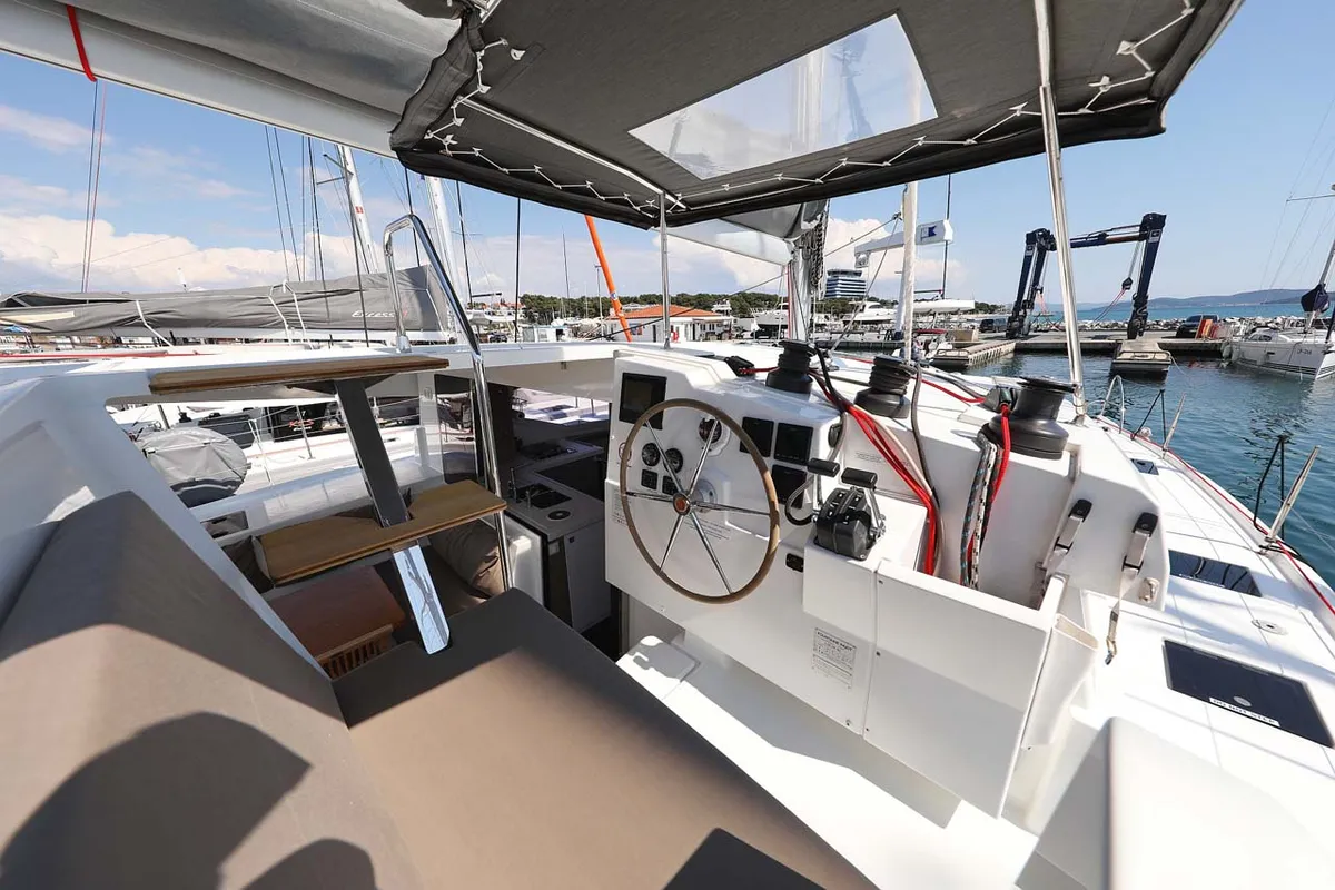 Cockpit of Canopus, a Fountaine Pajot Lucia 40 catamaran at Murter, Croatia