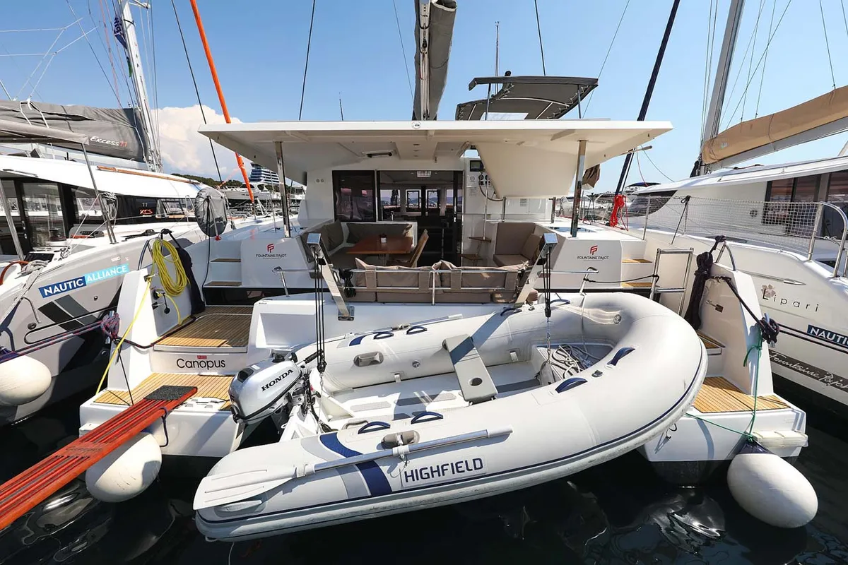 Exterior view of Canopus, a Fountaine Pajot Lucia 40 catamaran at Murter, Croatia