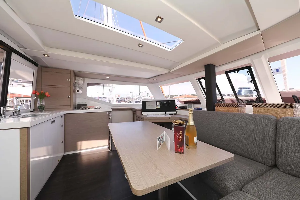 Salon of Canopus, a Fountaine Pajot Lucia 40 catamaran at Murter, Croatia