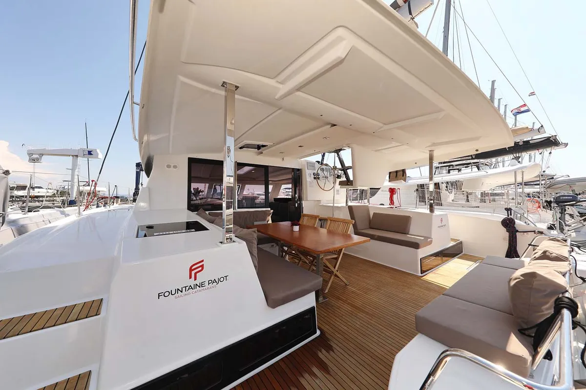 Deck of Canopus, a Fountaine Pajot Lucia 40 catamaran at Murter, Croatia