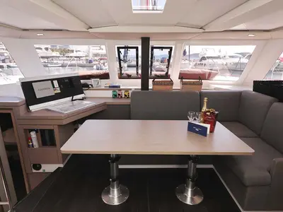 Salon of Canopus, a Fountaine Pajot Lucia 40 catamaran at Murter, Croatia
