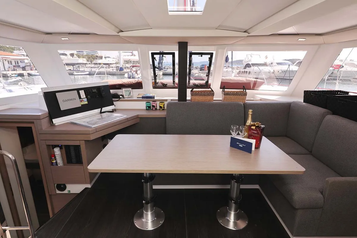 Salon of Canopus, a Fountaine Pajot Lucia 40 catamaran at Murter, Croatia