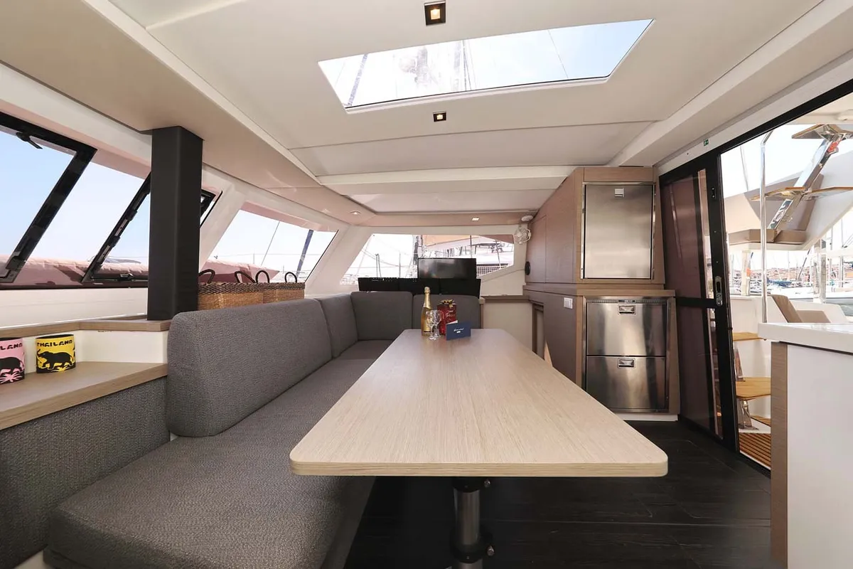Salon of Canopus, a Fountaine Pajot Lucia 40 catamaran at Murter, Croatia