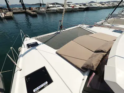 Deck of Canopus, a Fountaine Pajot Lucia 40 catamaran at Murter, Croatia
