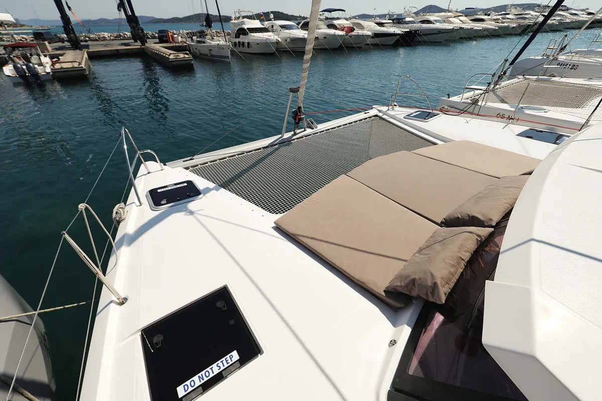 Deck of Canopus, a Fountaine Pajot Lucia 40 catamaran at Murter, Croatia