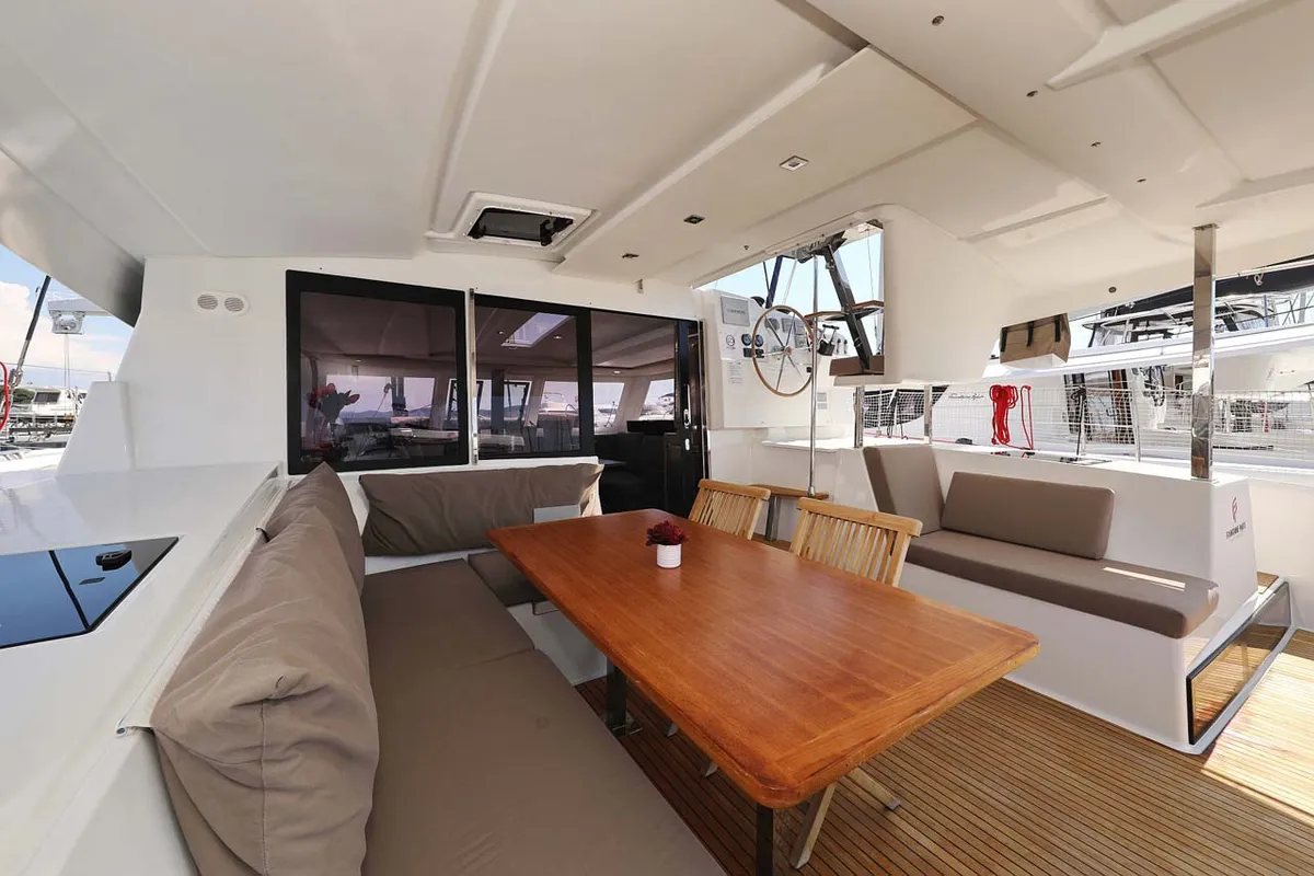 Deck of Canopus, a Fountaine Pajot Lucia 40 catamaran at Murter, Croatia