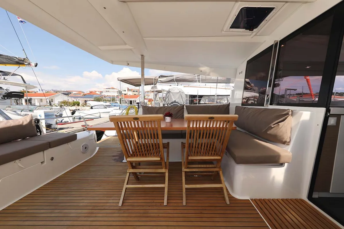Deck of Canopus, a Fountaine Pajot Lucia 40 catamaran at Murter, Croatia