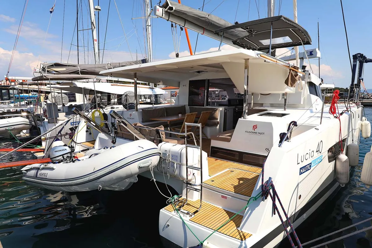 Exterior view of Canopus, a Fountaine Pajot Lucia 40 catamaran at Murter, Croatia