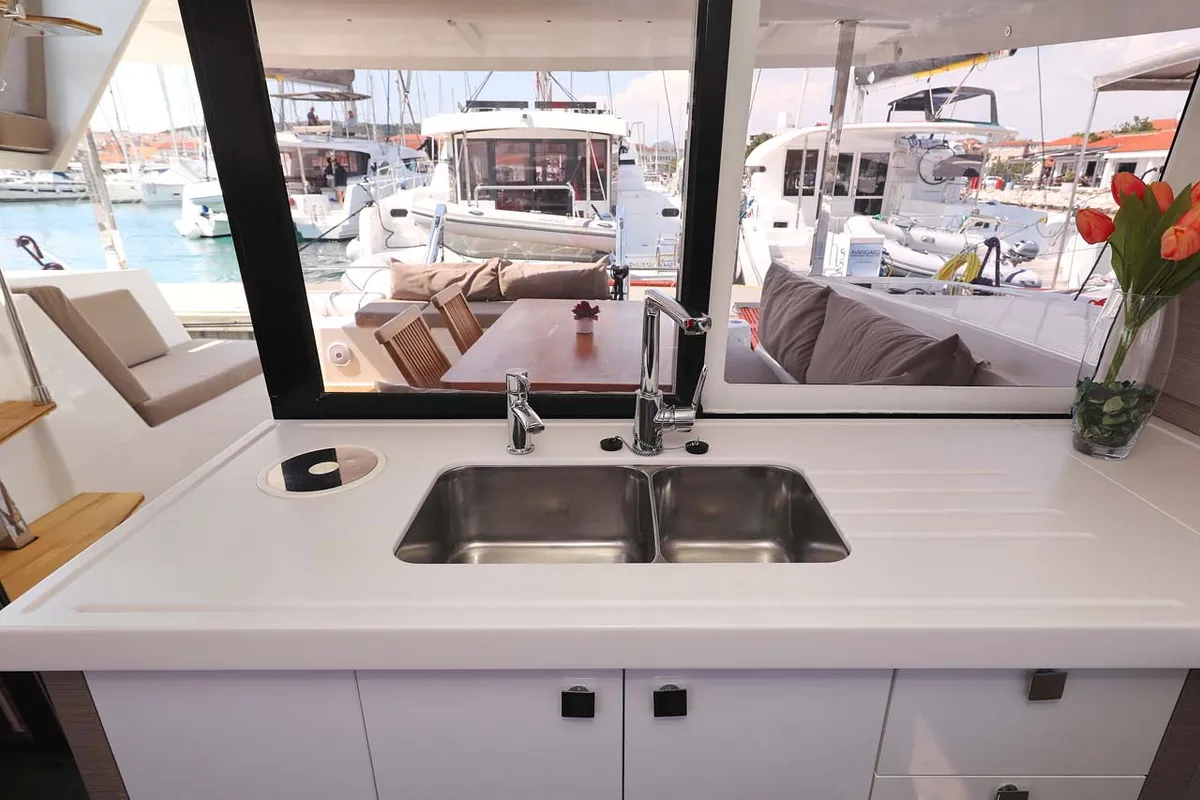 Galley of Canopus, a Fountaine Pajot Lucia 40 catamaran at Murter, Croatia