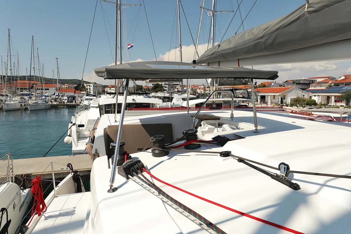 Deck of Canopus, a Fountaine Pajot Lucia 40 catamaran at Murter, Croatia