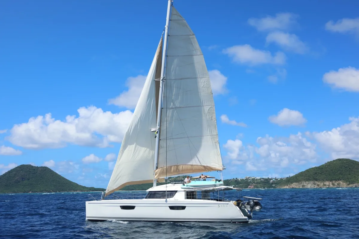 Exterior view of Purpose, a Fountaine Pajot Saba 50 catamaran at Papeete, France