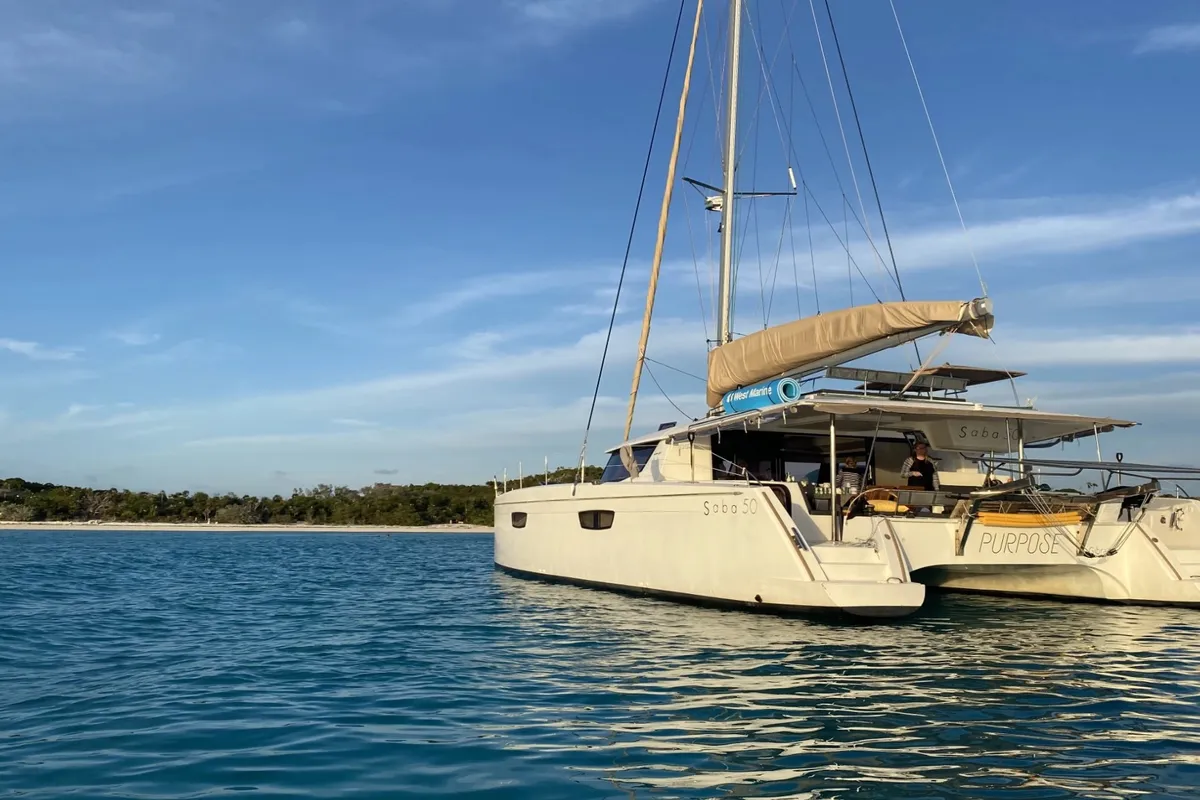 Exterior view of Purpose, a Fountaine Pajot Saba 50 catamaran at Papeete, France