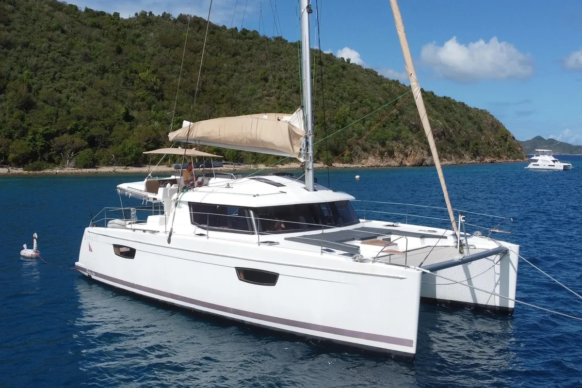 Exterior view of Purpose, a Fountaine Pajot Saba 50 catamaran at Papeete, France