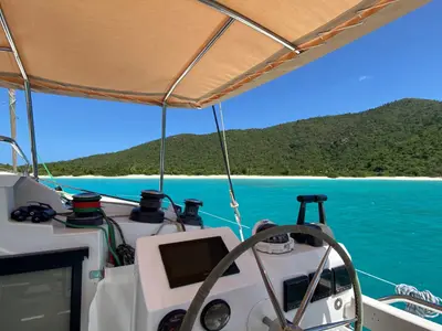 Cockpit of Purpose, a Fountaine Pajot Saba 50 catamaran at Papeete, France