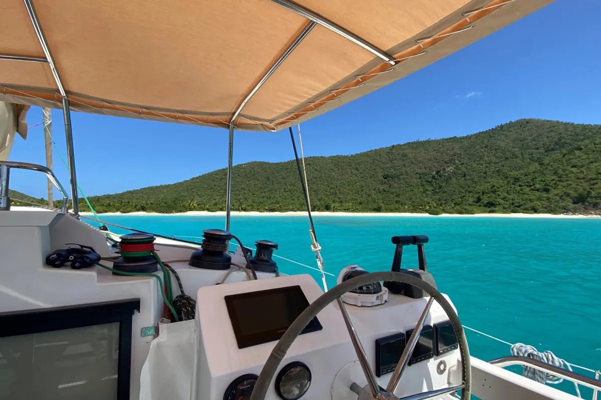 Cockpit of Purpose, a Fountaine Pajot Saba 50 catamaran at Papeete, France