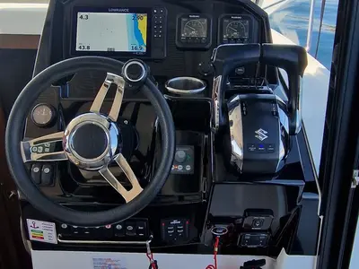 Cockpit of Whiskey, a Jeanneau Merry Fisher 895 motorboat at Novi Vinodolski, Croatia