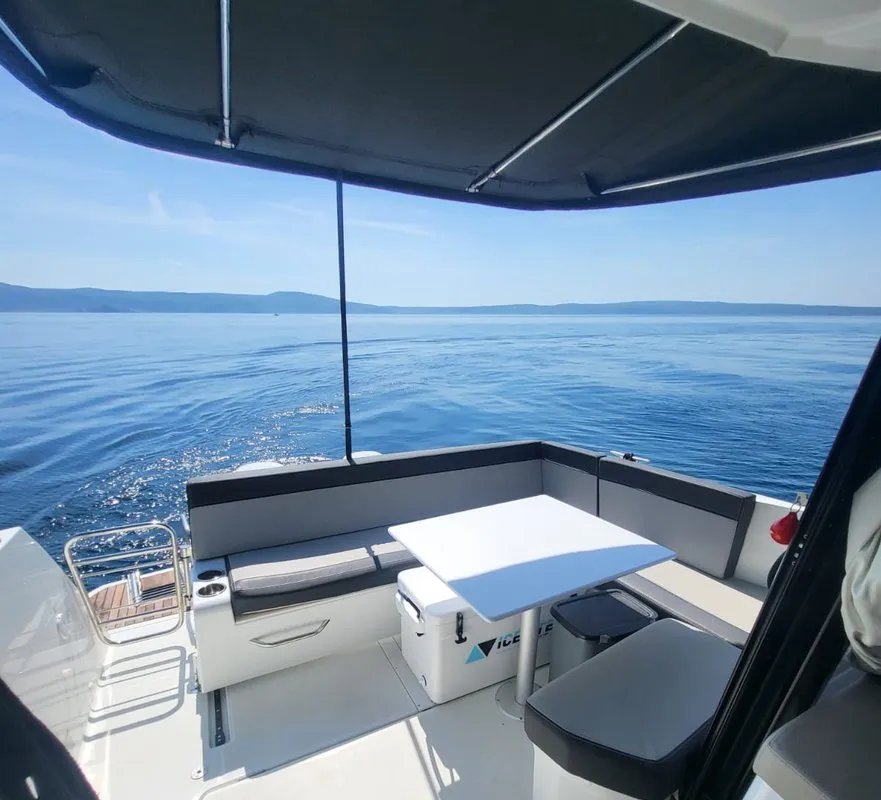 Deck of Whiskey, a Jeanneau Merry Fisher 895 motorboat at Novi Vinodolski, Croatia