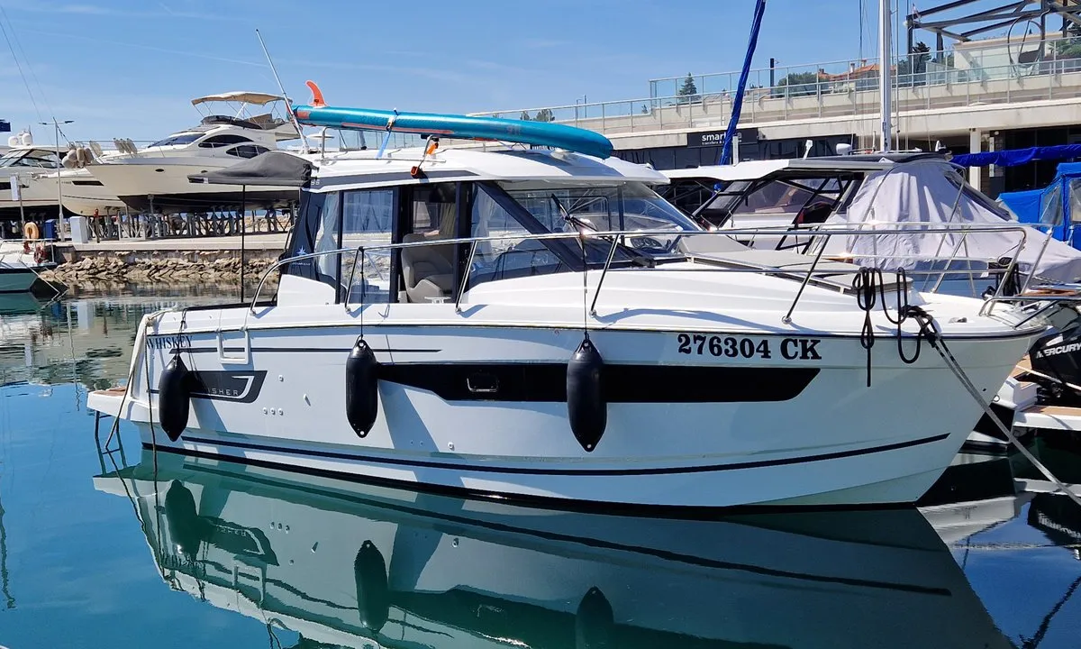 Exterior view of Whiskey, a Jeanneau Merry Fisher 895 motorboat at Novi Vinodolski, Croatia