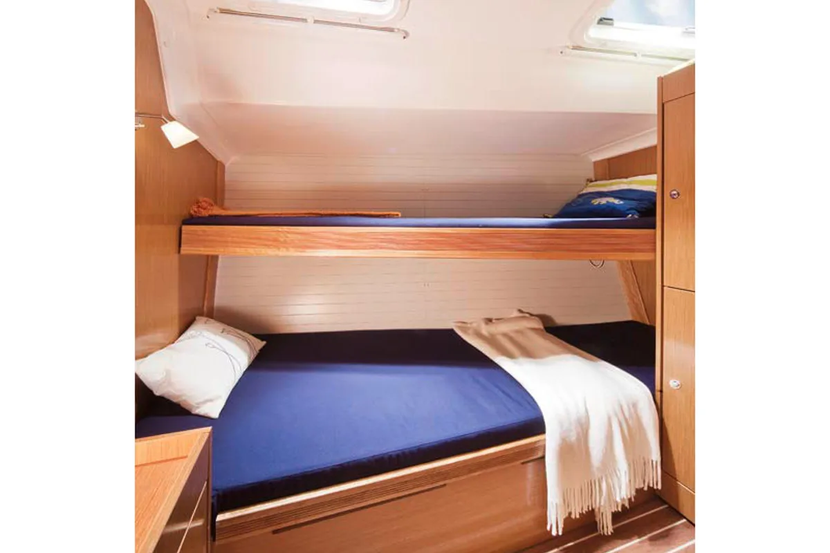 Cabin on Sissi, a Bavaria 51 Cruiser sailboat at Kontokali, Greece