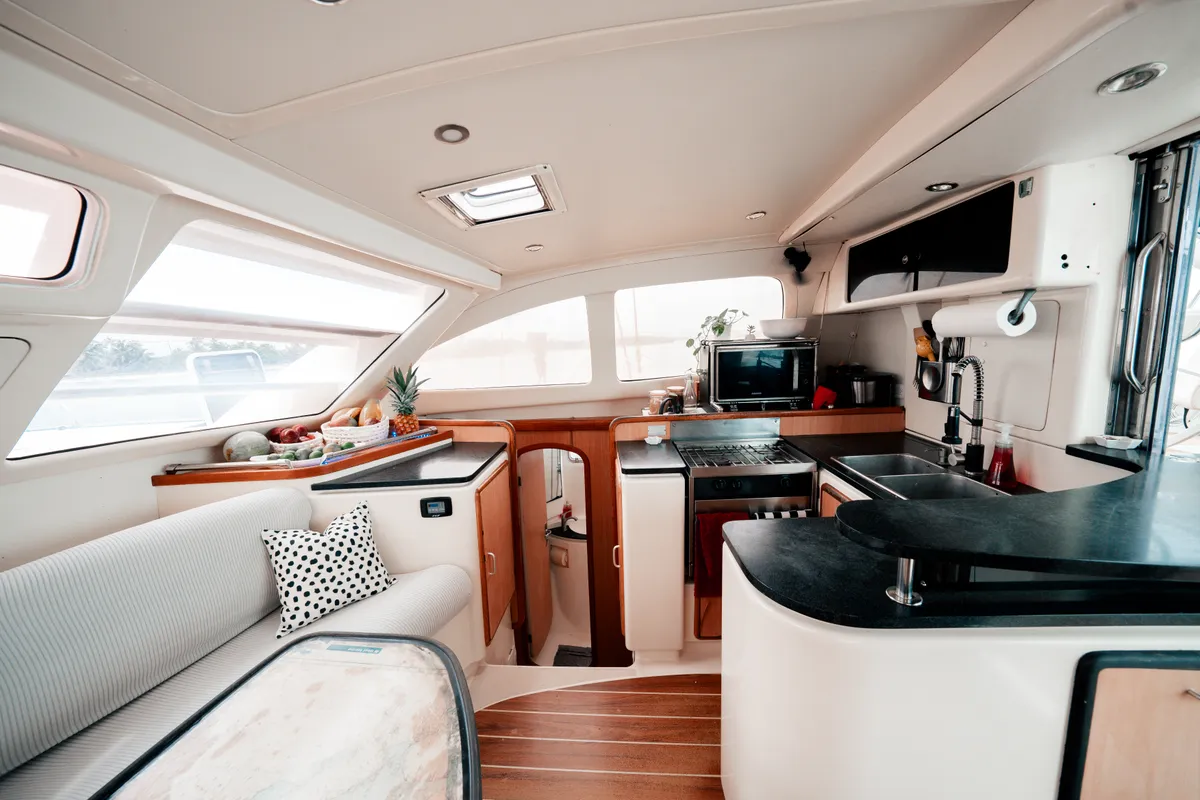 Salon of One Love, a Leopard 40 catamaran at San Blas, Panama