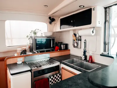 Galley of One Love, a Leopard 40 catamaran at San Blas, Panama