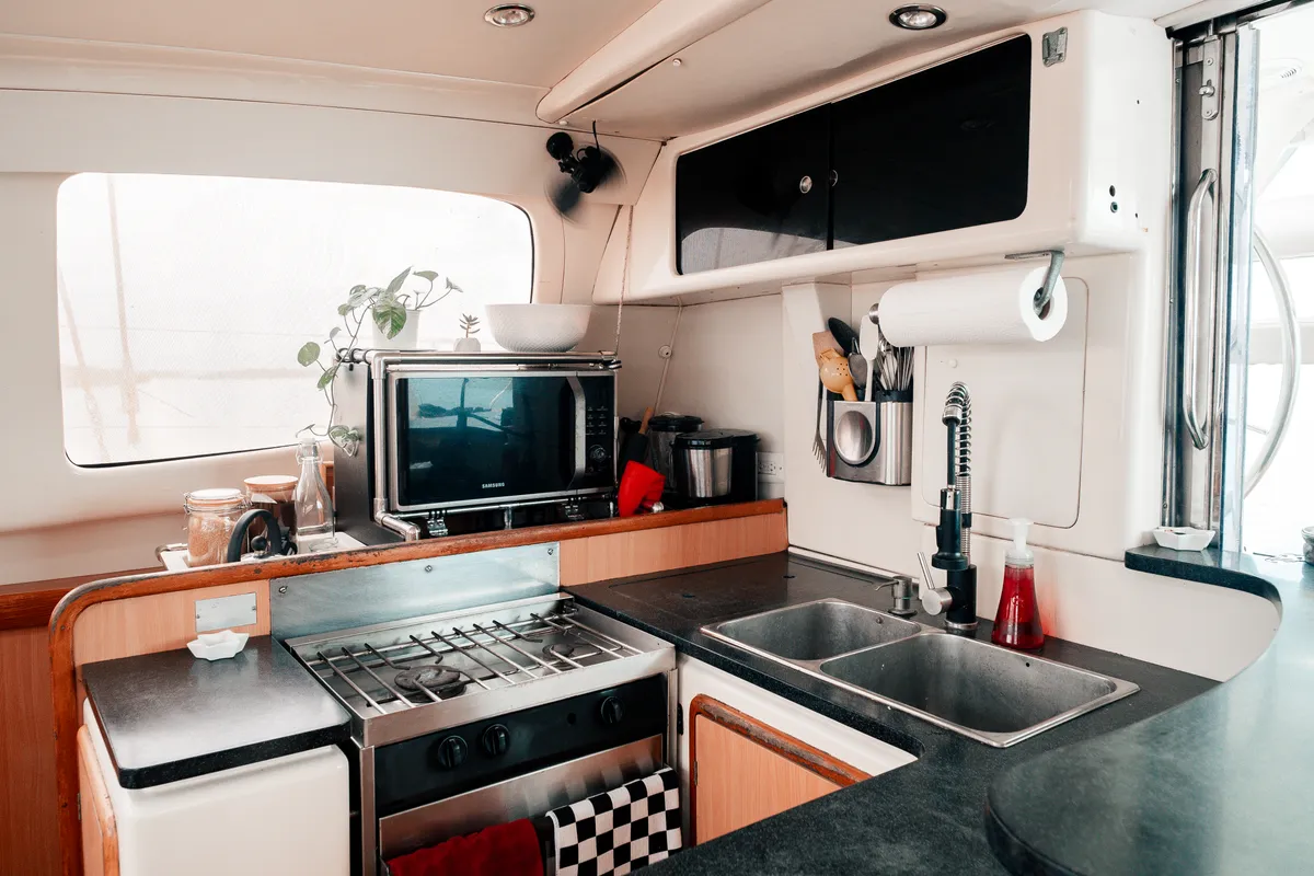 Galley of One Love, a Leopard 40 catamaran at San Blas, Panama
