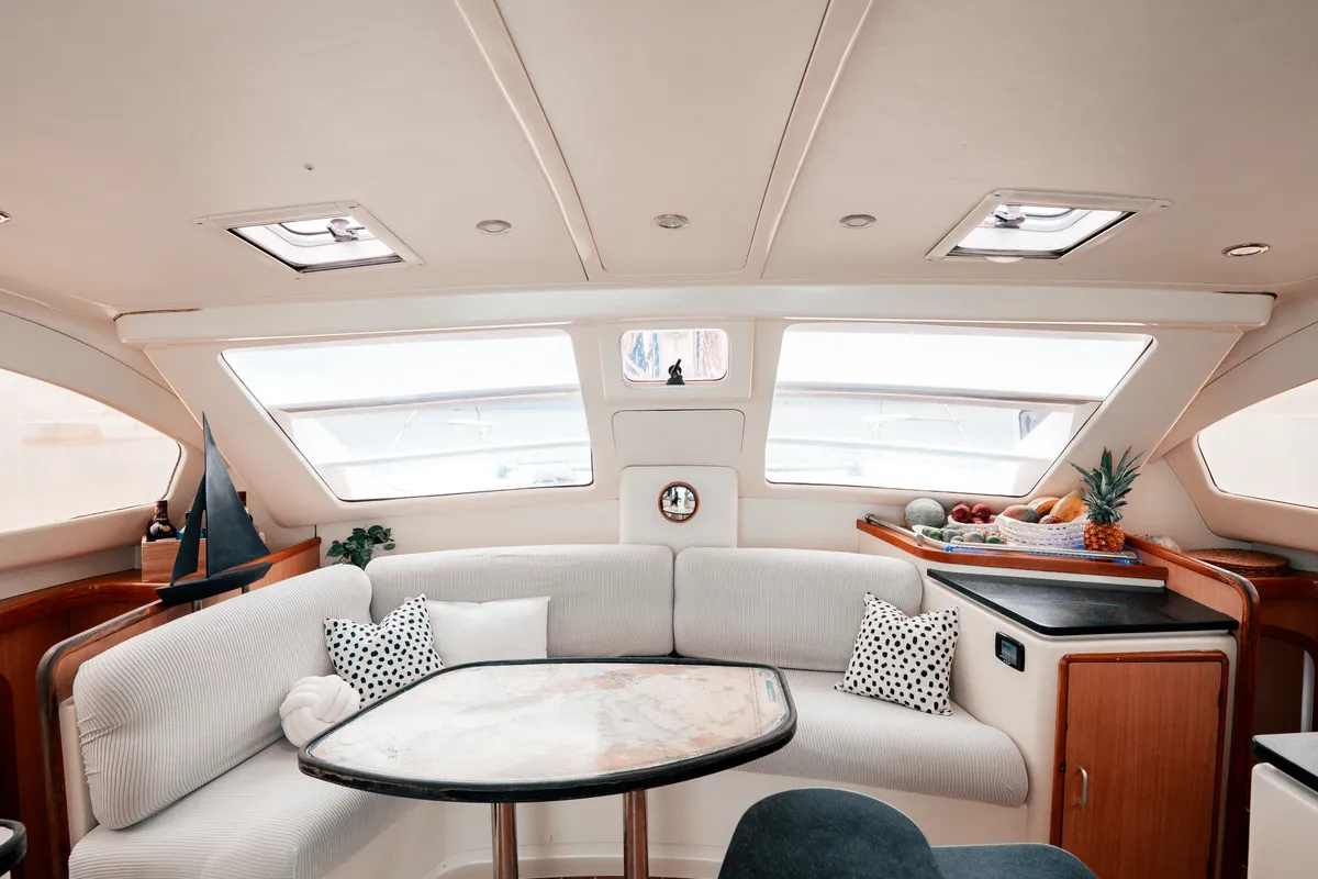Salon of One Love, a Leopard 40 catamaran at San Blas, Panama