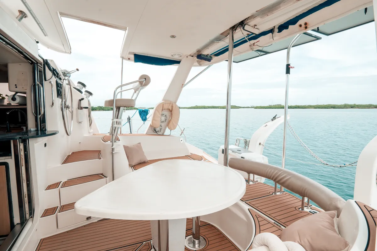 Deck of One Love, a Leopard 40 catamaran at San Blas, Panama