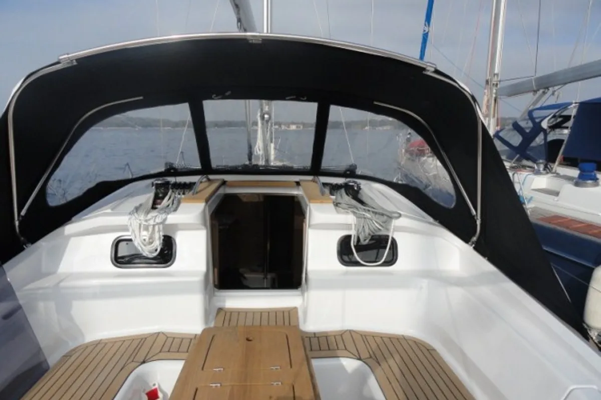 Deck of Reina, a Elan 444 Impression sailboat at Grad Pula, Croatia