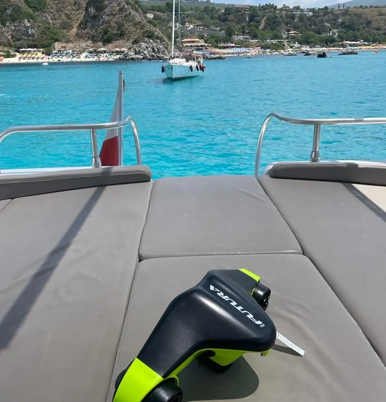 Deck of Premium, a Gulet Mangusta 65 motor yacht at Salerno, Italy