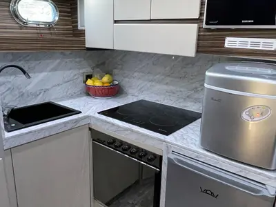 Galley of Premium, a Gulet Mangusta 65 motor yacht at Salerno, Italy