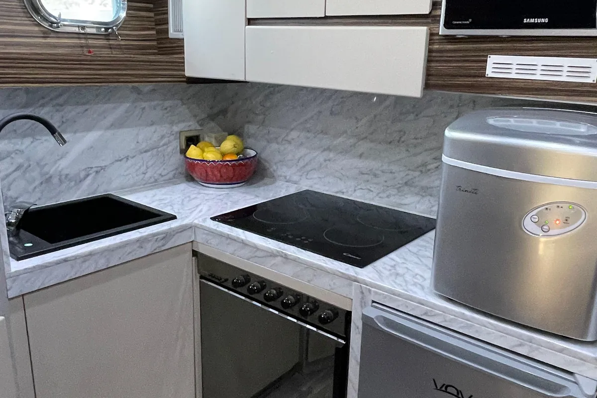 Galley of Premium, a Gulet Mangusta 65 motor yacht at Salerno, Italy